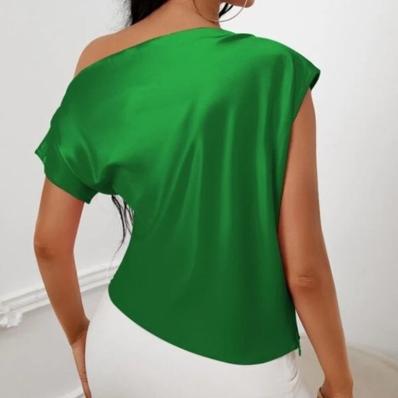 Asymmetrical Neck Ruched Satin Blouse Green - Picture 5 of 5